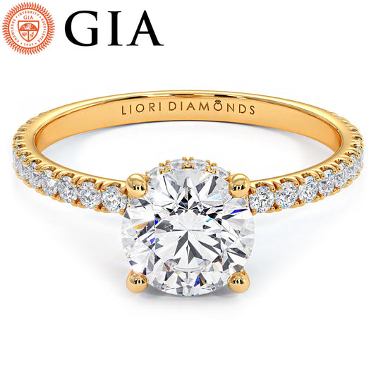 1.33ctw GIA Certified Round Brilliant Under Halo Petite Micropavé Lab Grown Diamond Engagement Ring set in 14k Yellow Gold