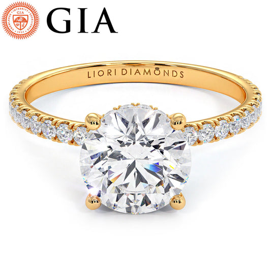 1.97ctw D-VVS1 GIA Certified Round Brilliant Under Halo Petite Micropavé Lab Grown Diamond Engagement Ring set in 14k Yellow Gold