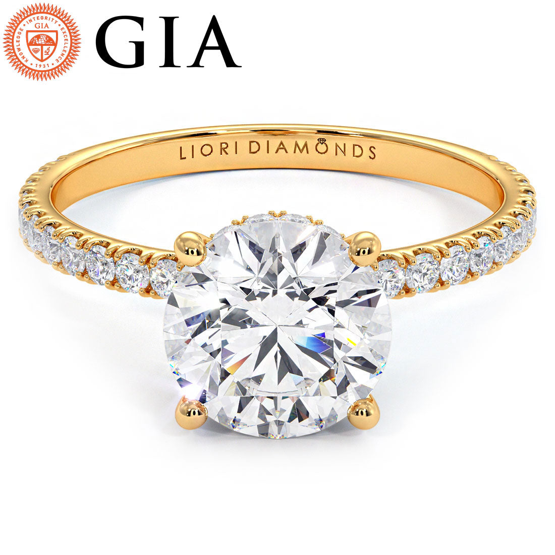1.97ctw D-VVS1 GIA Certified Round Brilliant Under Halo Petite Micropavé Lab Grown Diamond Engagement Ring set in 14k Yellow Gold