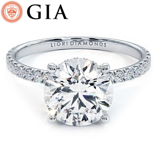 2.49ctw E-VVS2 GIA Certified Round Brilliant Under Halo Petite Micropavé Lab Grown Diamond Engagement Ring set in 14k White Gold
