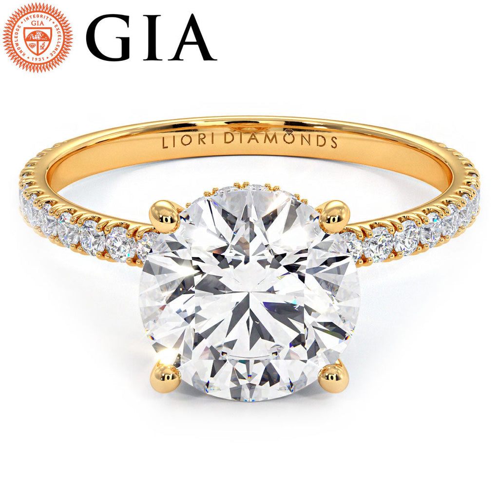 2.49ctw E-VVS2 GIA Certified Round Brilliant Under Halo Petite Micropavé Lab Grown Diamond Engagement Ring set in 14k Yellow Gold