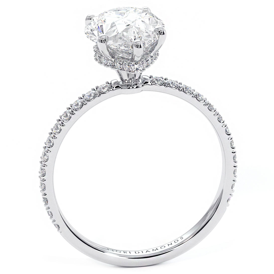 3.21ctw GIA Certified H-VS2 Pear Shape Under Halo Petite Micropavé Lab Grown Diamond Engagement Ring set in 18k White Gold