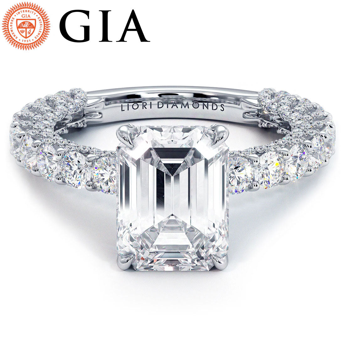 6.27ctw GIA Certified F-VS1 Emerald Cut Micropavé Lucida Setting Lab Grown Diamond Engagement Ring set in 14k White Gold