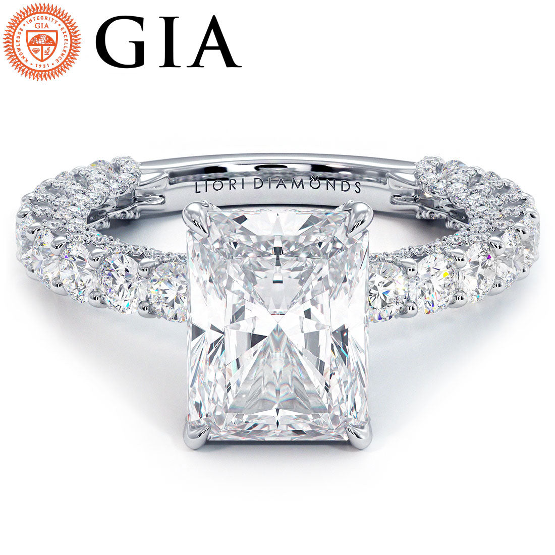 6.30ctw GIA Certified F-VS1 Radiant Cut Micropavé Lucida Setting Lab Grown Diamond Engagement Ring set in 14k White Gold