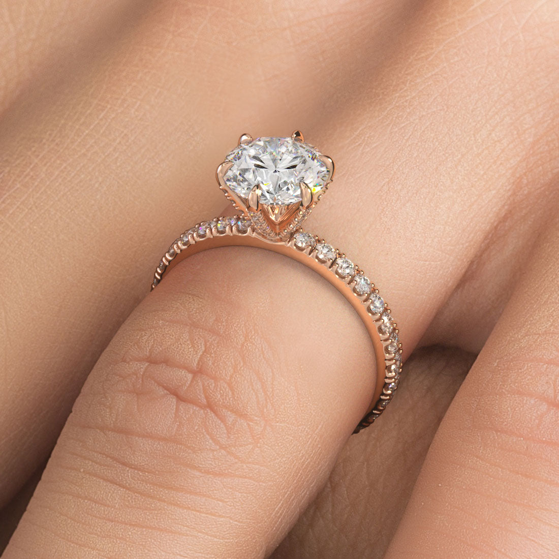 2.30ctw Round Brilliant D-VS1 Micropavé 6 Prong Petite Lab Grown Diamond Engagement Ring 14k Rose Gold