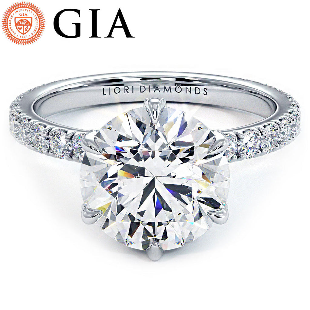 3.10ctw GIA Certified D-VS1 Round Brilliant Micropavé 6 Prong Petite Lab Grown Diamond Engagement Ring set in 14k White Gold