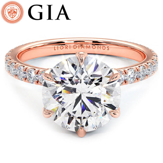 4.92ctw GIA Certified Round Brilliant Micropavé 6 Prong Petite Lab Grown Diamond Engagement Ring 14k Rose Gold