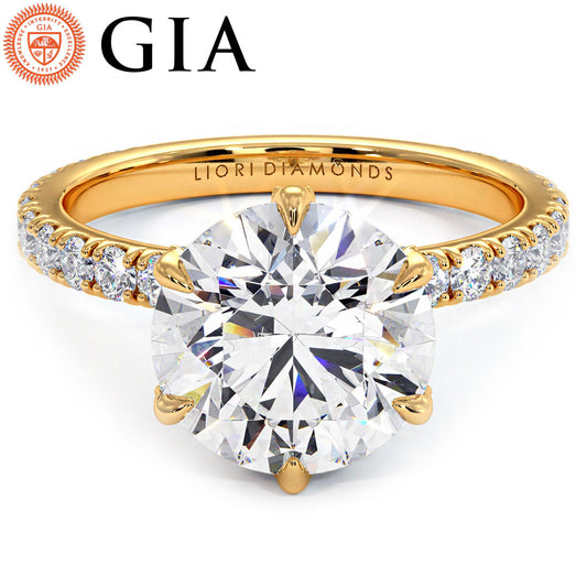 4.92ctw GIA Certified Round Brilliant Micropavé 6 Prong Petite Lab Grown Diamond Engagement Ring 14k Yellow Gold