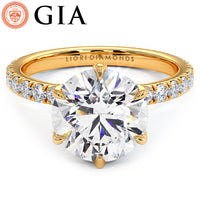 4.62ctw GIA Certified G-VS1 Round Brilliant Micropavé 6 Prong Petite Lab Grown Diamond Engagement Ring 14k Yellow Gold