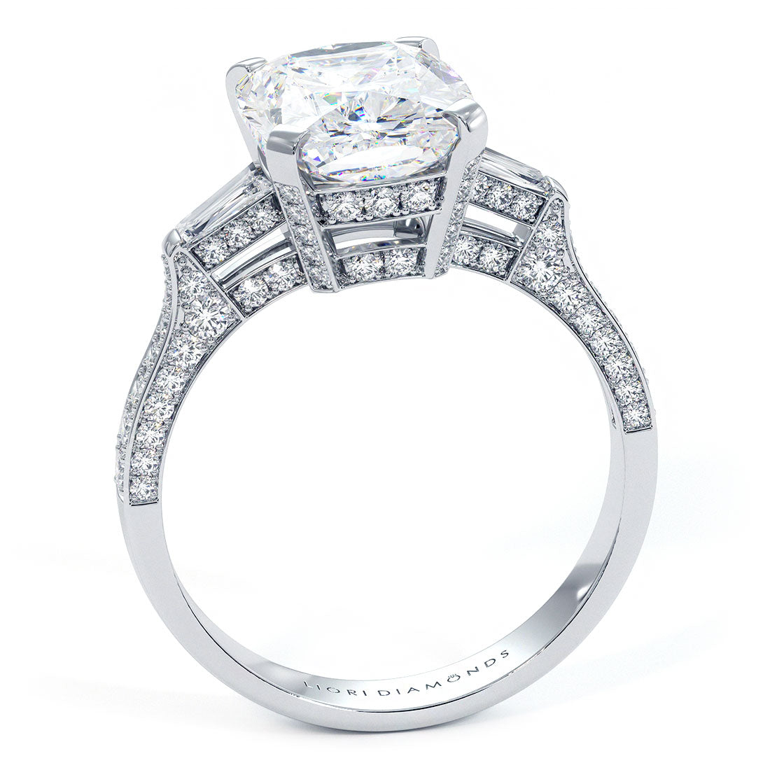 4.35ctw GIA Certified Cushion Cut & Tapered Baguette Three Stone Micropavé Lab Grown Diamond Engagement Ring set in 18k White Gold
