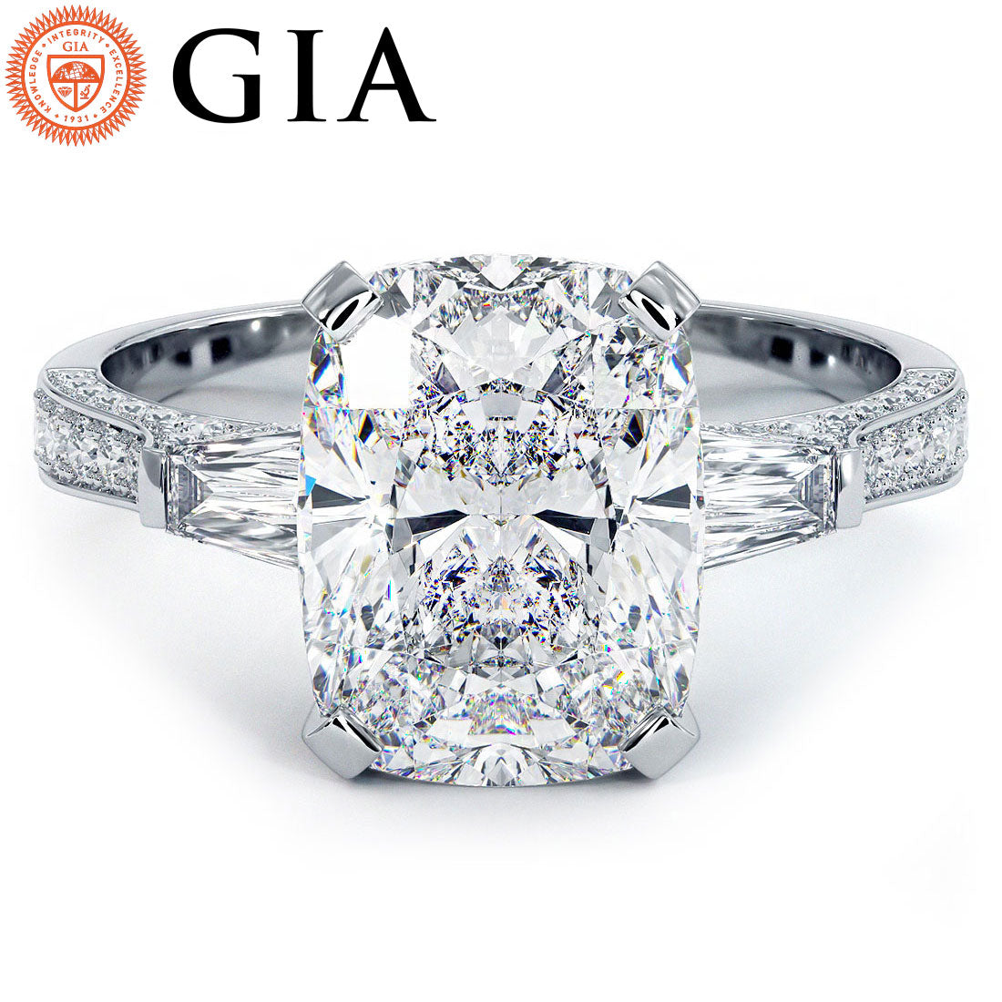 5.09ctw GIA Certified Cushion Cut & Tapered Baguette Three Stone Micropavé Lab Grown Diamond Engagement Ring set in 14k White Gold