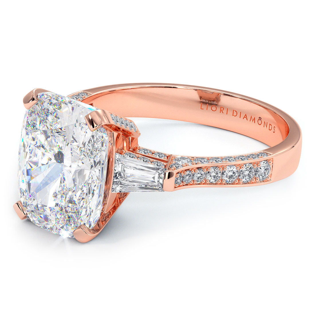 4.35ctw GIA Certified Cushion Cut & Tapered Baguette Three Stone Micropavé Lab Grown Diamond Engagement Ring set in 18k Rose Gold