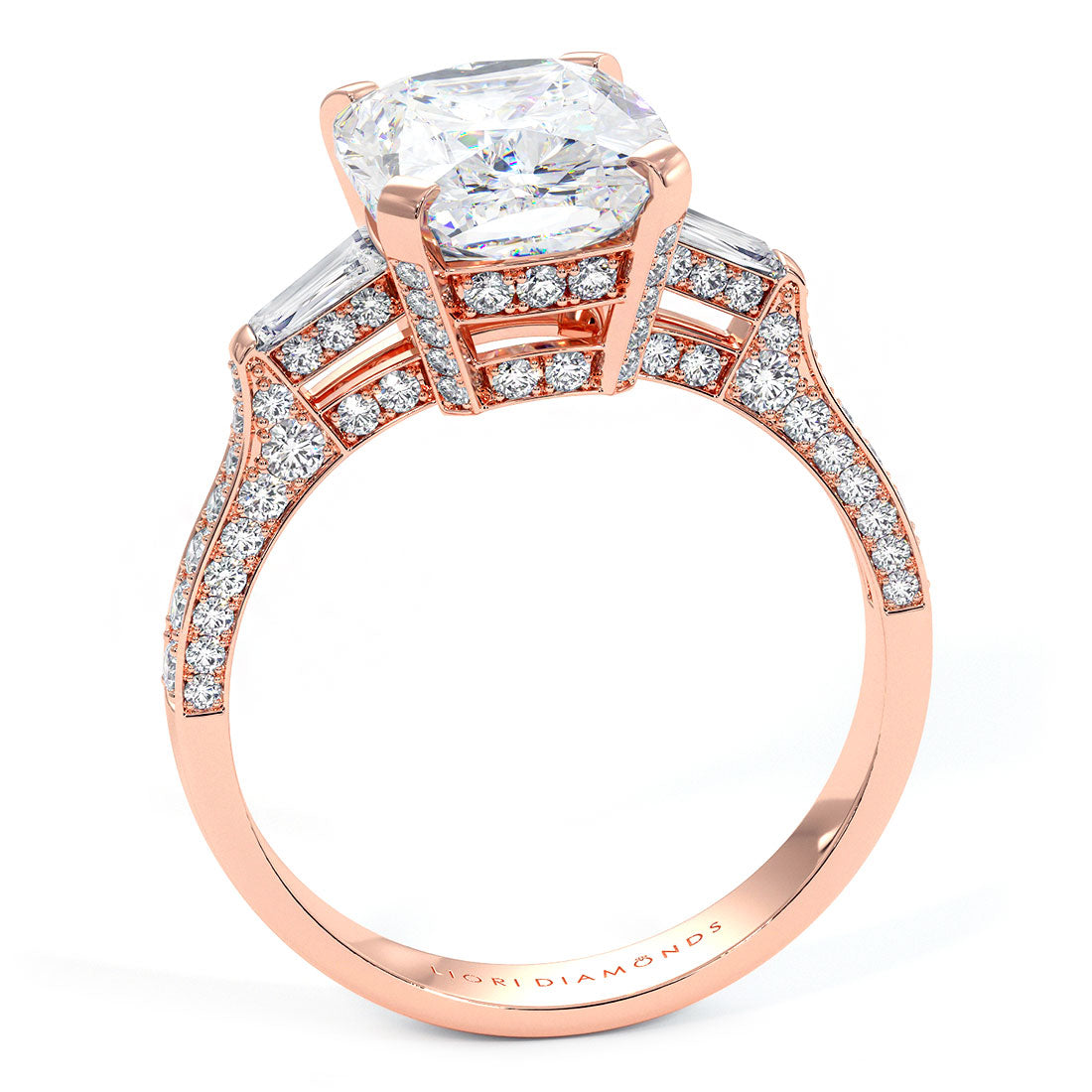 4.35ctw GIA Certified Cushion Cut & Tapered Baguette Three Stone Micropavé Lab Grown Diamond Engagement Ring set in 18k Rose Gold