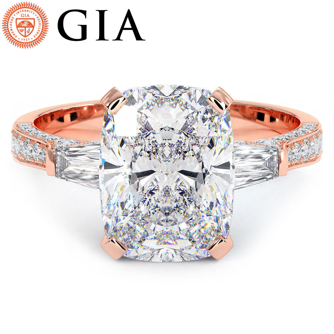 4.35ctw GIA Certified Cushion Cut & Tapered Baguette Three Stone Micropavé Lab Grown Diamond Engagement Ring set in 18k Rose Gold