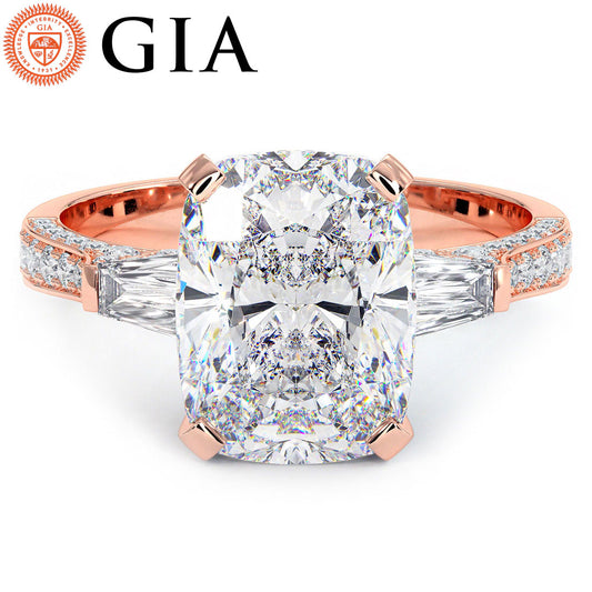 4.35ctw GIA Certified Cushion Cut & Tapered Baguette Three Stone Micropavé Lab Grown Diamond Engagement Ring set in 18k Rose Gold
