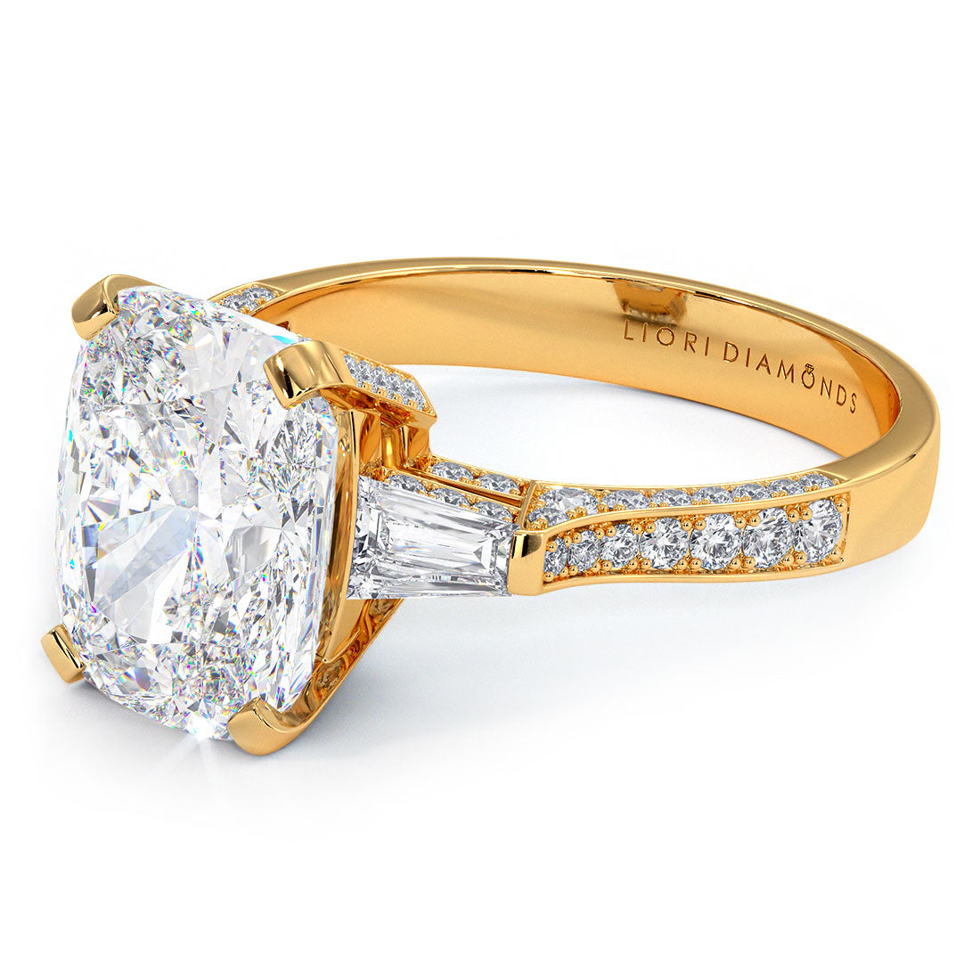 4.35ctw GIA Certified Cushion Cut & Tapered Baguette Three Stone Micropavé Lab Grown Diamond Engagement Ring set in 18k Yellow Gold