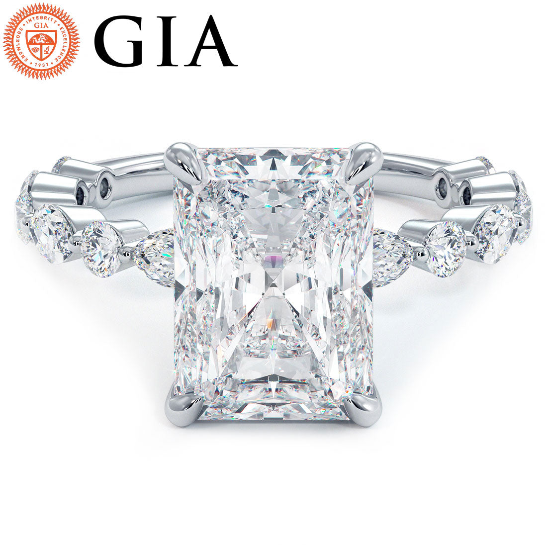 4.25ctw GIA Certified E-VS1 Radiant Cut Alternating Round & Marquise Lab Grown Diamond Engagement Ring set in 18k White Gold