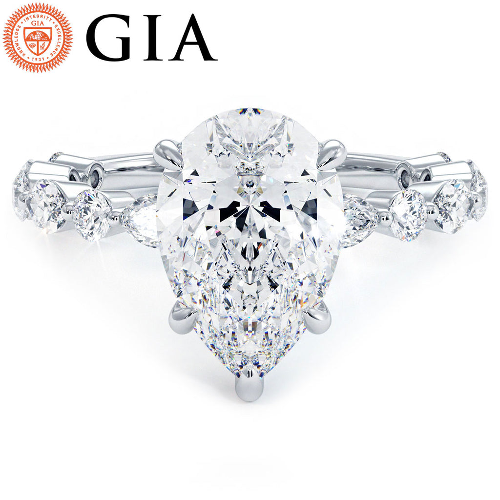 3.42ctw GIA Certified G-VS2 Pear Shape Alternating Round & Marquise Lab Grown Diamond Engagement Ring set in 18k White Gold