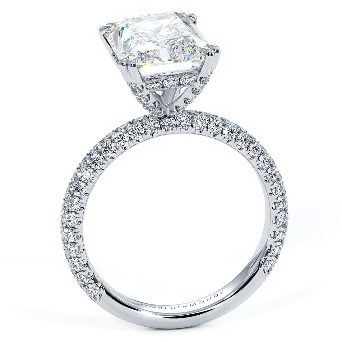 4.60ctw GIA Certified E-VS1 Radiant Cut Trio Micropavév Lab Grown Diamond Engagement Ring set in 18k White Gold