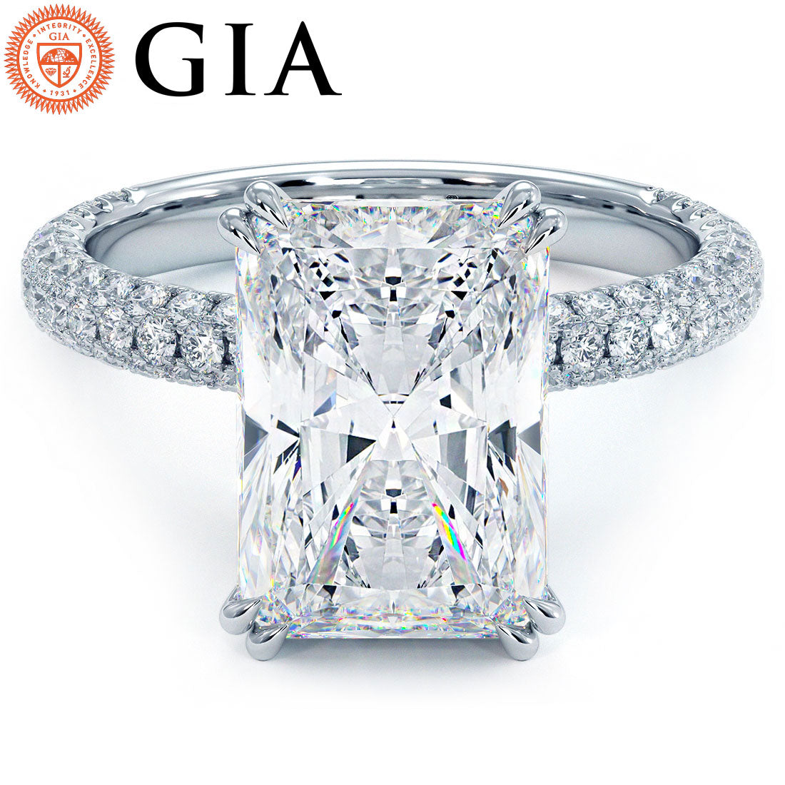 4.60ctw GIA Certified E-VS1 Radiant Cut Trio Micropavév Lab Grown Diamond Engagement Ring set in 18k White Gold
