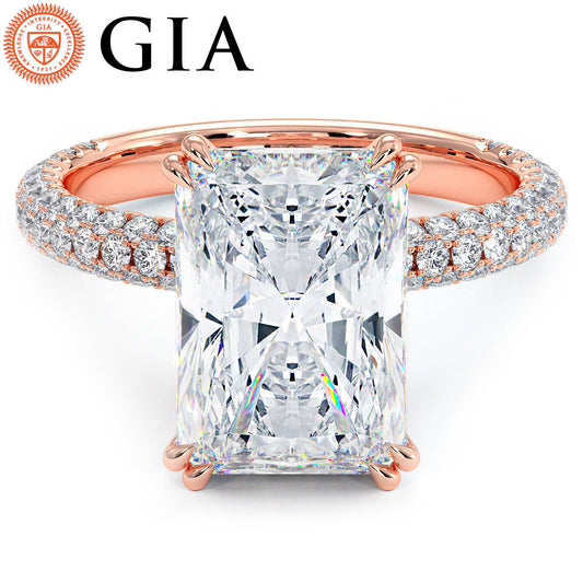 4.60ctw GIA Certified E-VS1 Radiant Cut Trio Micropavév Lab Grown Diamond Engagement Ring set in 18k Rose Gold