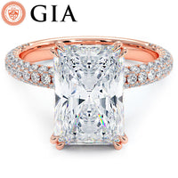 4.60ctw GIA Certified E-VS1 Radiant Cut Trio Micropavév Lab Grown Diamond Engagement Ring set in 18k Rose Gold
