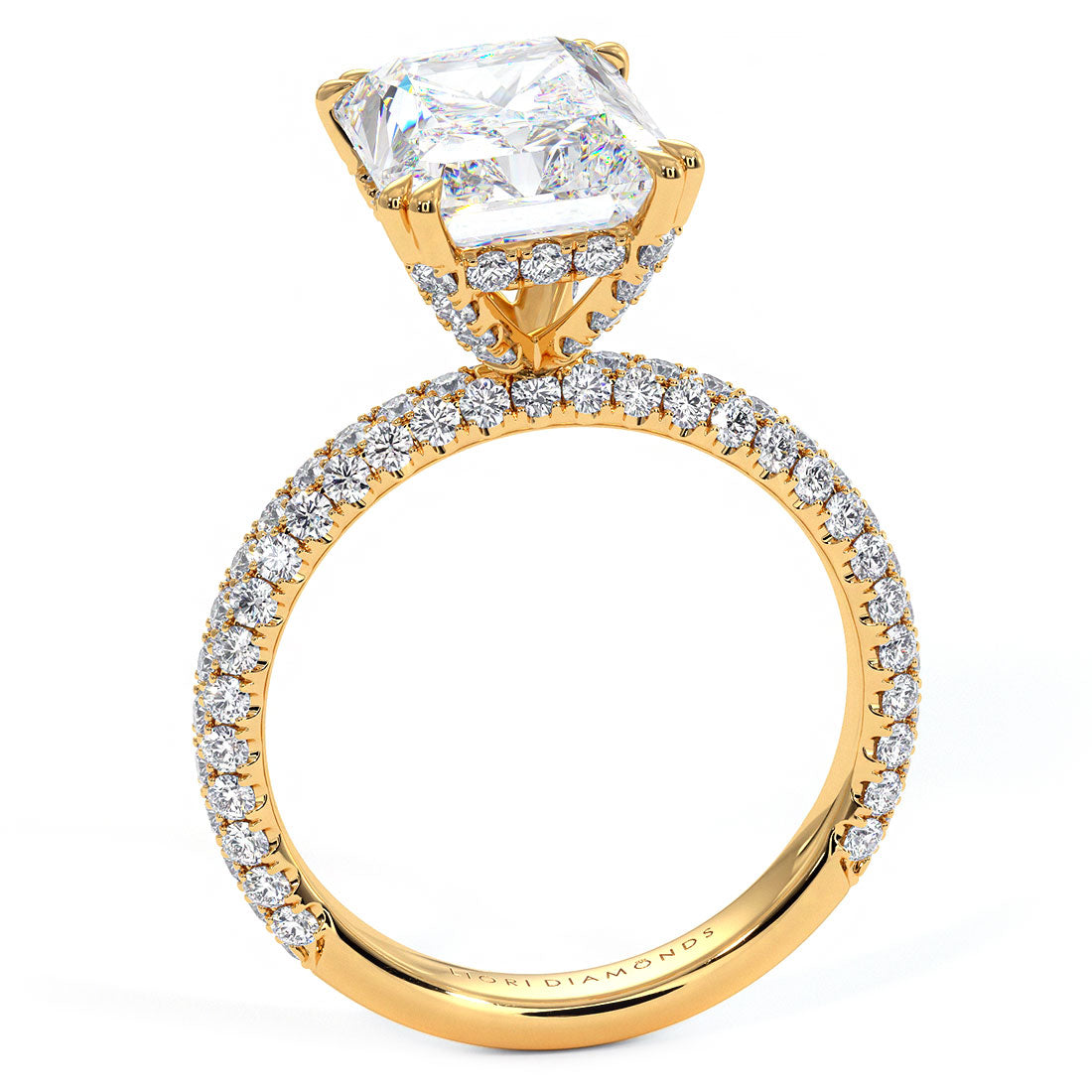 4.60ctw GIA Certified E-VS1 Radiant Cut Trio Micropavév Lab Grown Diamond Engagement Ring set in 18k Yellow Gold