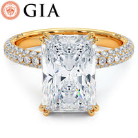 4.60ctw GIA Certified E-VS1 Radiant Cut Trio Micropavév Lab Grown Diamond Engagement Ring set in 18k Yellow Gold