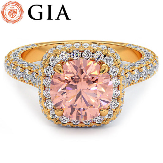 4.18ctw GIA Certified Fancy Intense Pink Lab Grown Diamond Engagement Ring 18k Yellow Gold