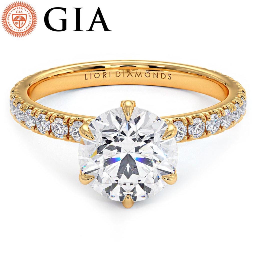 2.30ctw GIA Certified D-VS2 Round Brilliant Micropavé 6 Prong Petite Lab Grown Diamond Engagement Ring set in 14k Yellow Gold