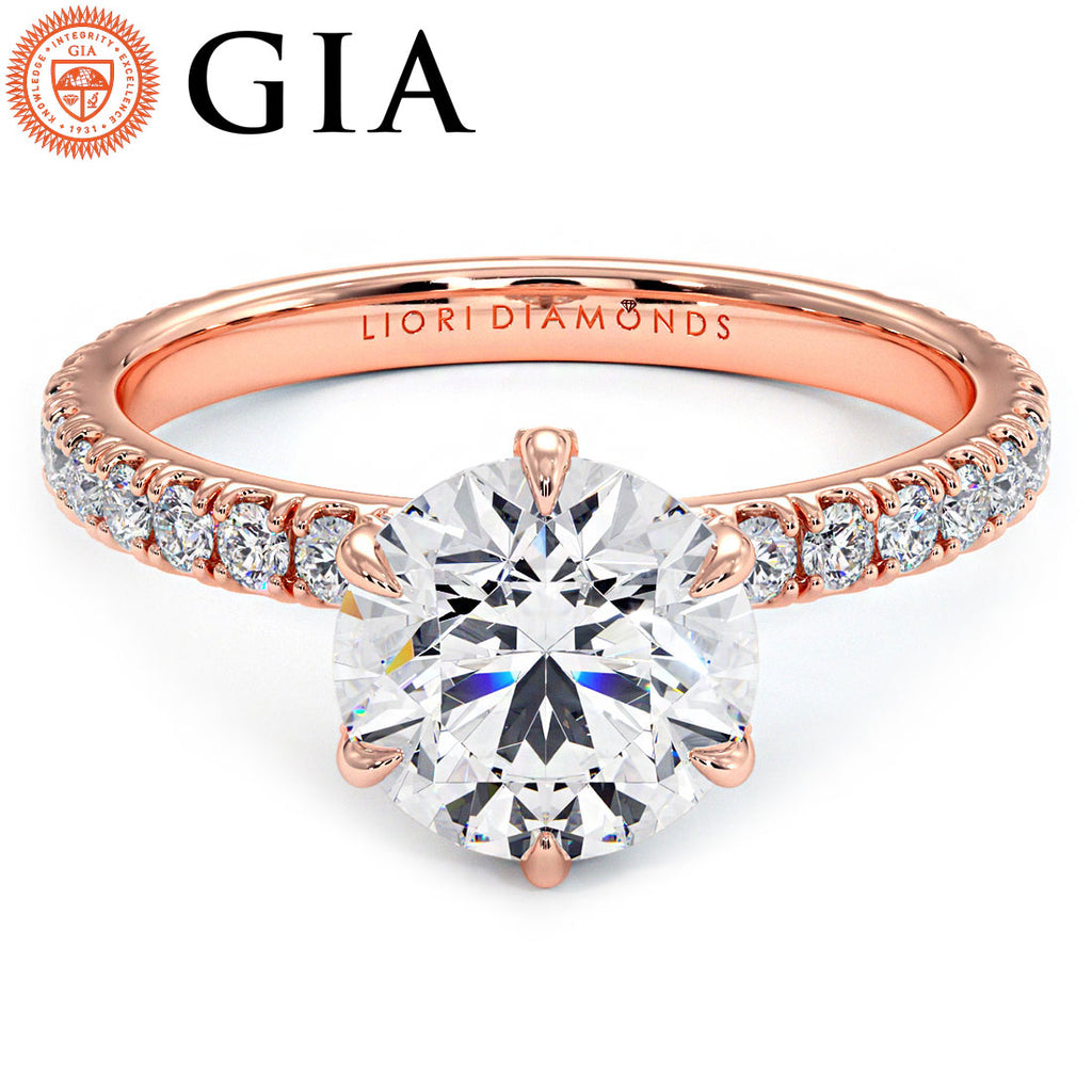 2.46ctw GIA Certified E-VS1 Round Brilliant Micropavé 6 Prong Petite Lab Grown Diamond Engagement Ring 14k Rose Gold