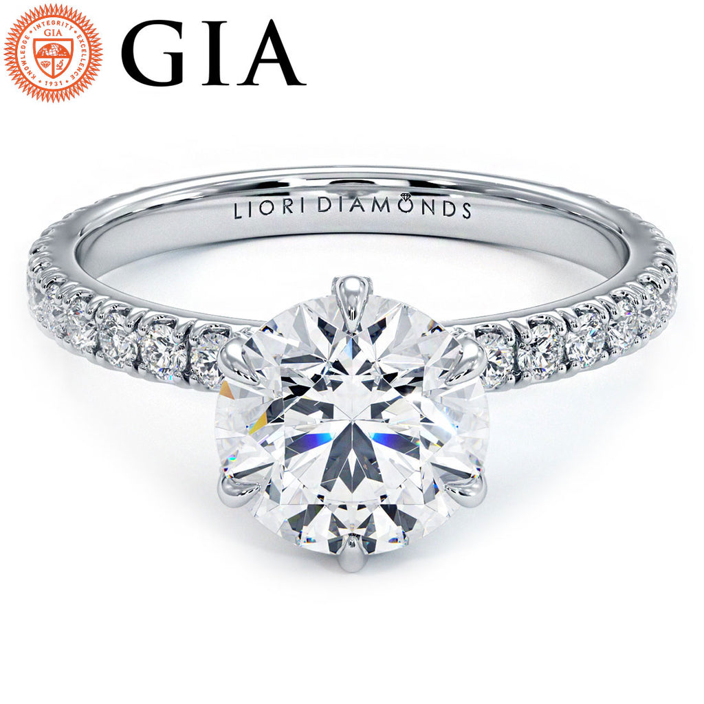 2.46ctw GIA Certified E-VS1 Round Brilliant Micropavé 6 Prong Petite Lab Grown Diamond Engagement Ring 14k White Gold