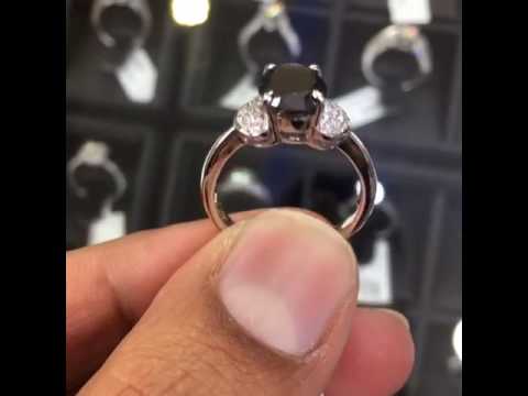BDR-027 - 2.04 Ctw Certified Natural Oval Cut Black Diamond Engagement Ring 14k White Gold