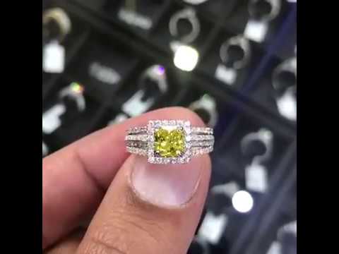 FD-036 - 1.53 Carat Fancy Yellow Radiant Cut Diamond Engagement Ring 14k Gold Pave Halo