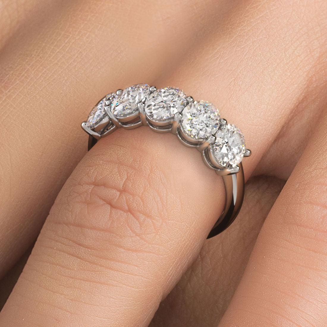 2.00 Carat 5 Stone Oval Cut Diamond Wedding Band Anniversary Ring Set in 14k White Gold