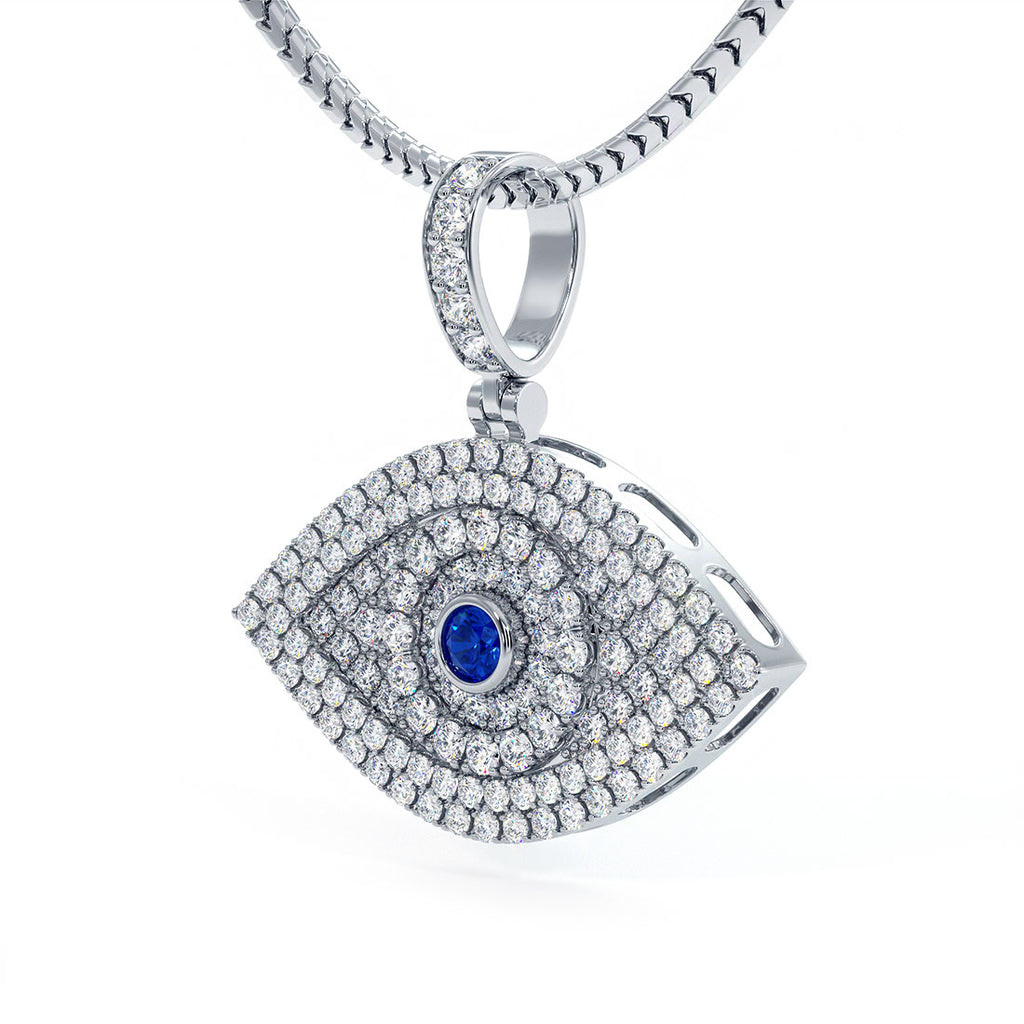 1.93ctw Diamond & Sapphire Evil Eye Pendant 14k White Gold