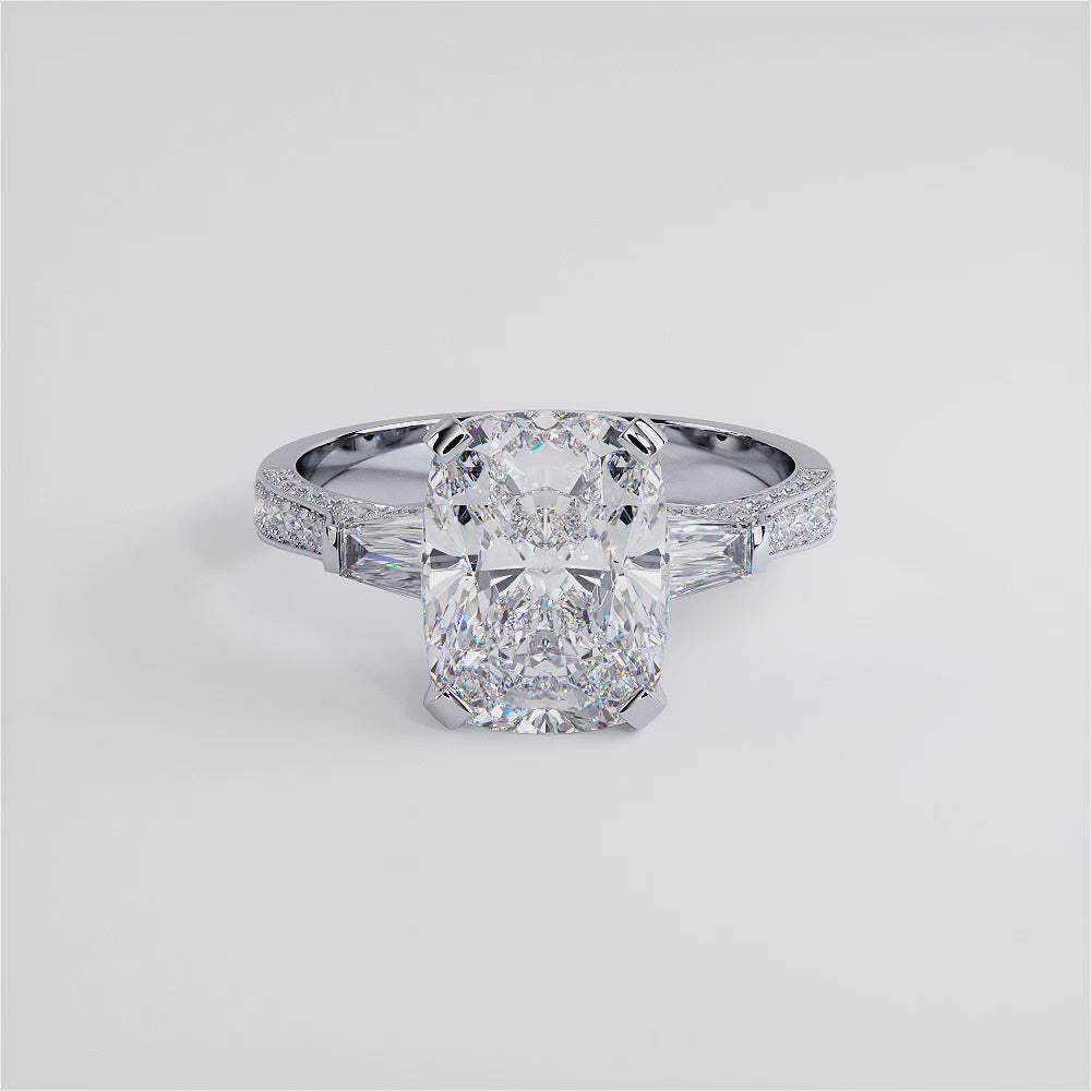 3 Carat Cushion Cut (Long) & Tapered Baguette Three Stone Micropavé