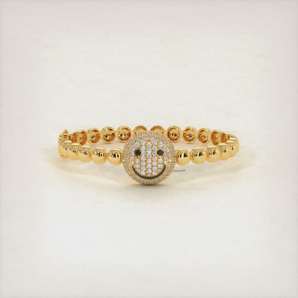 1.37 Carat Smiley Face Diamond Beaded Bangle Cuff Bracelet 14k Yellow Gold