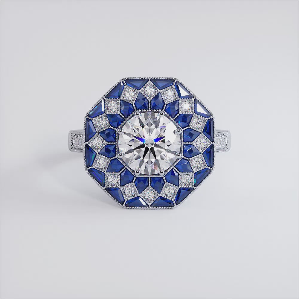 1.5 Carat Round Brilliant Antique Art Deco Sapphire & Diamond