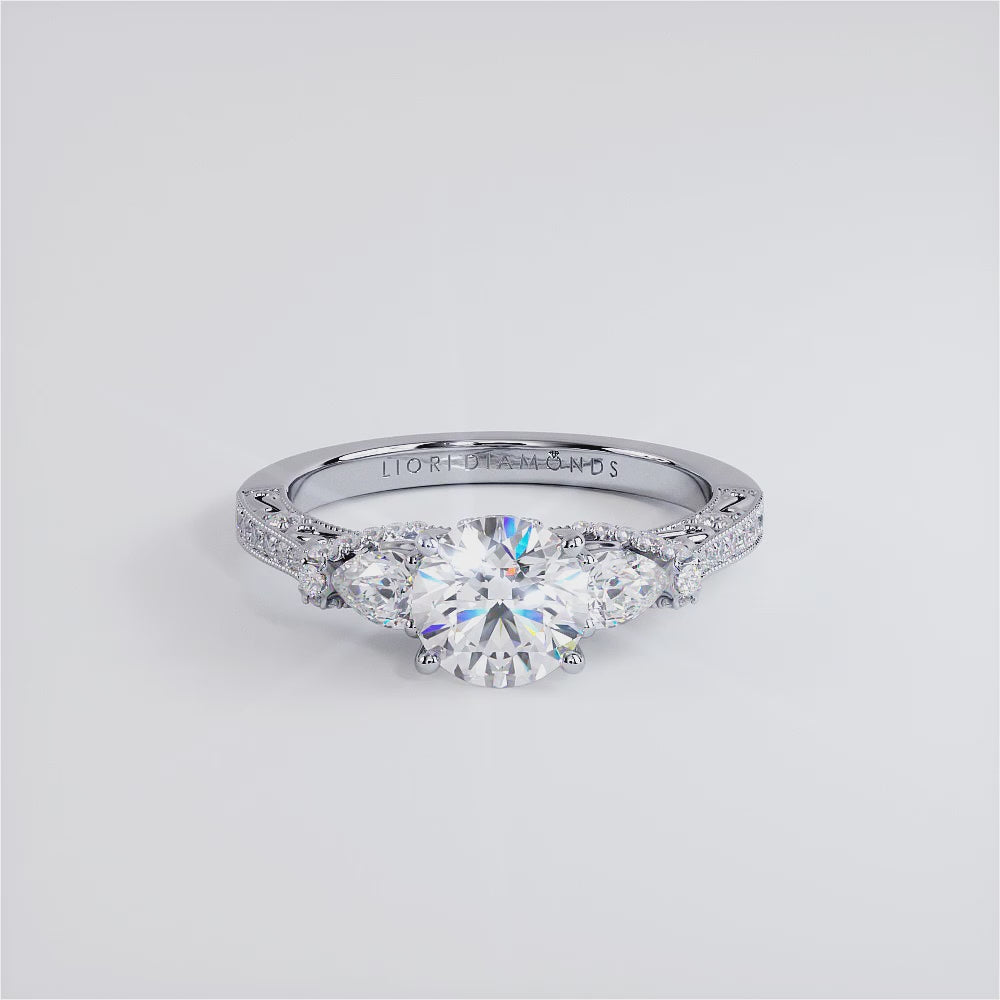 1 Carat Round Brilliant Three Stone Milgrain Vintage Style