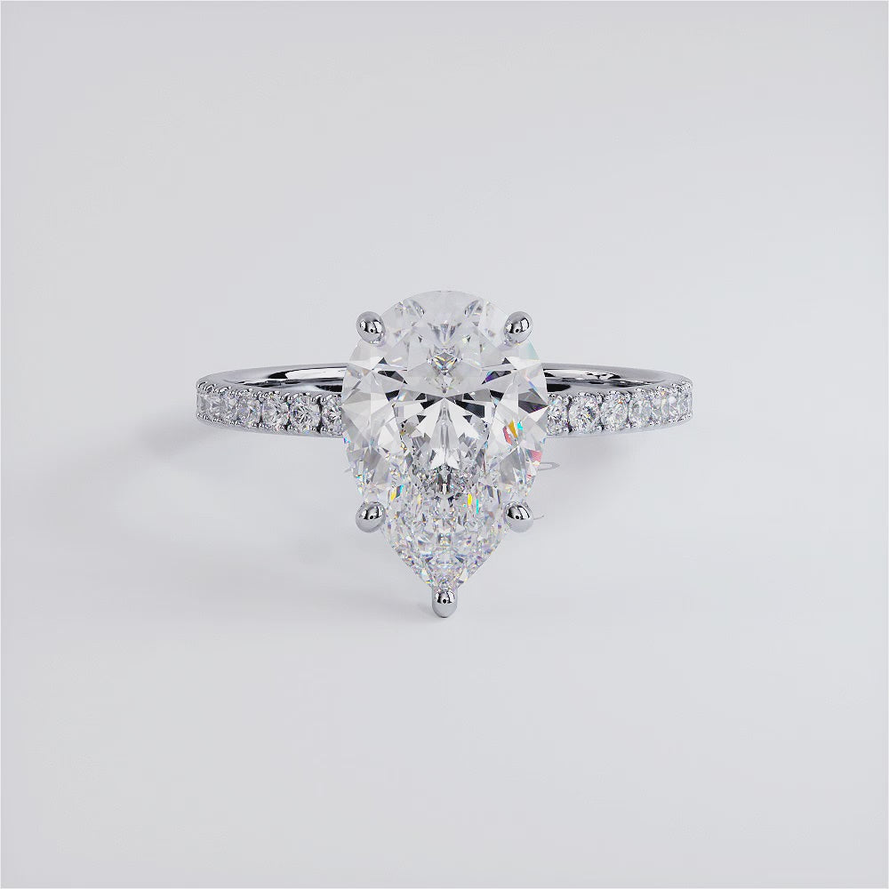 3.21ctw GIA Certified H-VS2 Pear Shape Under Halo Petite Micropavé Lab Grown Diamond Engagement Ring set in 18k White Gold