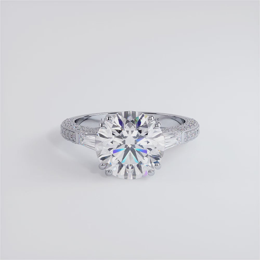 5 Carat Round Brilliant & Tapered Baguette Three Stone Micropavé