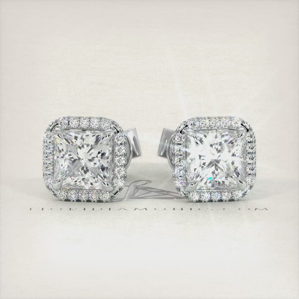 2.67 Carat J-SI1 Princess Cut Pave Halo Diamond Studs Earrings 18k White Gold