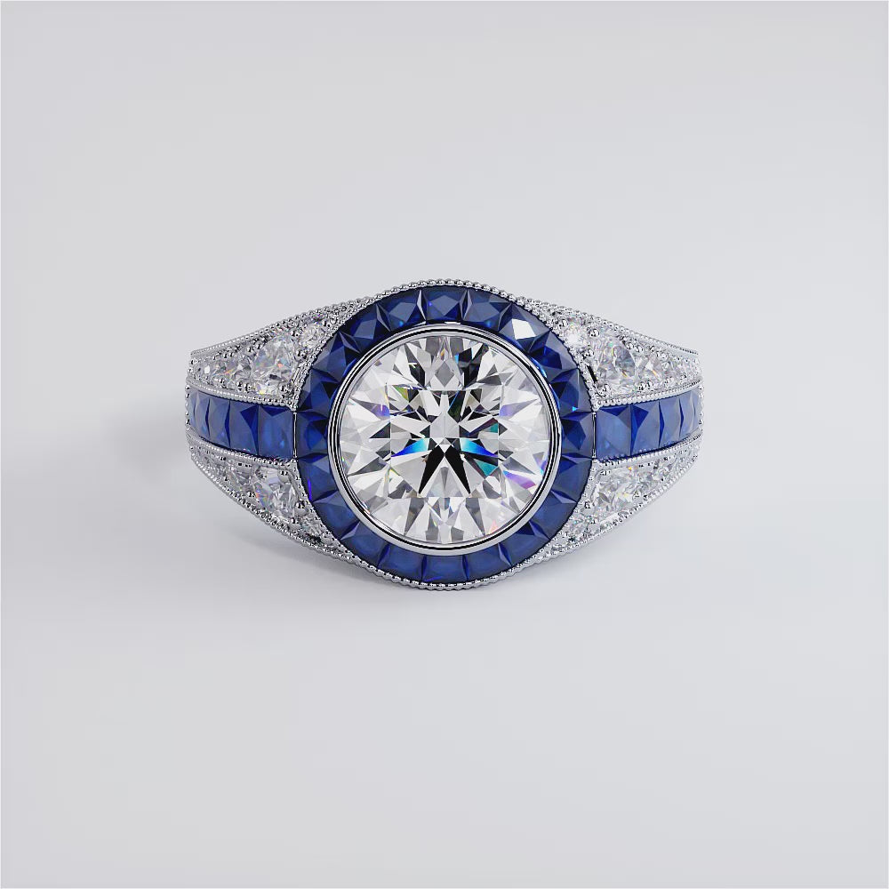 2 Carat Round Brilliant Antique Art Deco Sapphire & Diamond