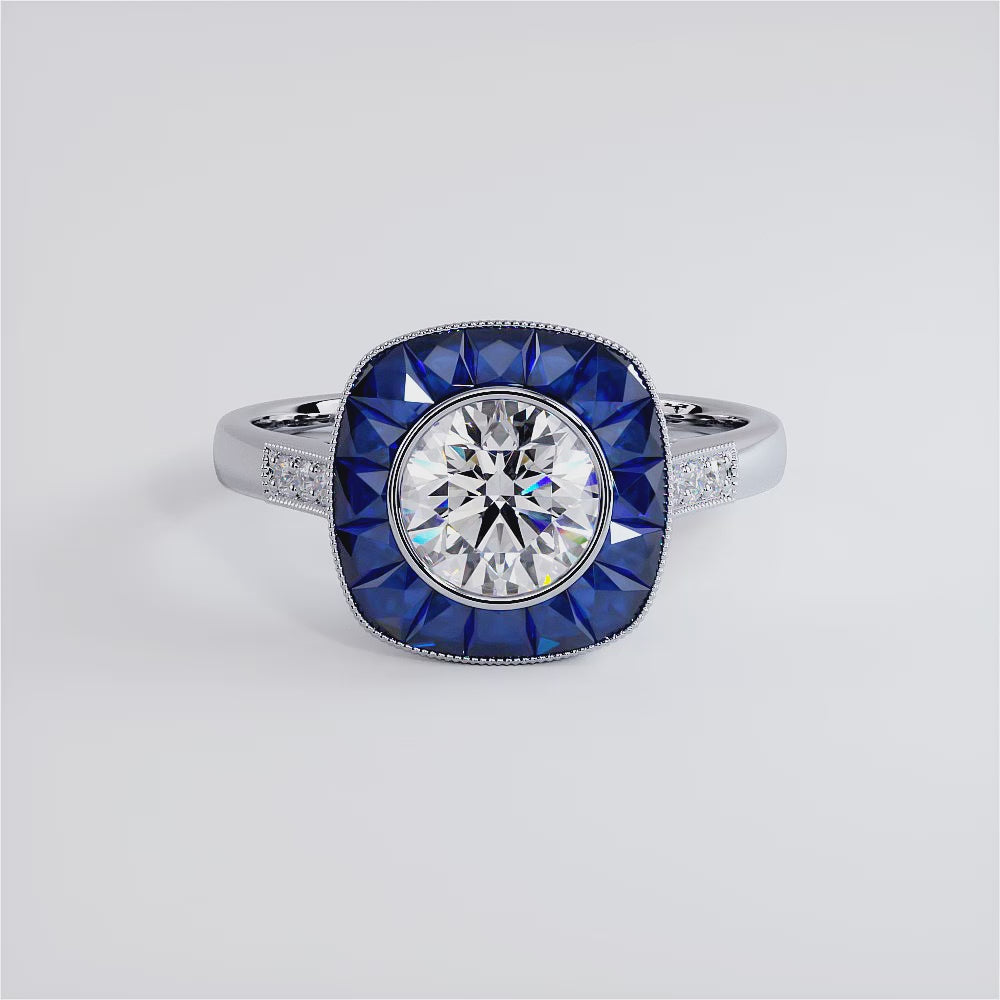 1 Carat Round Brilliant Antique Art Deco Sapphire & Diamond