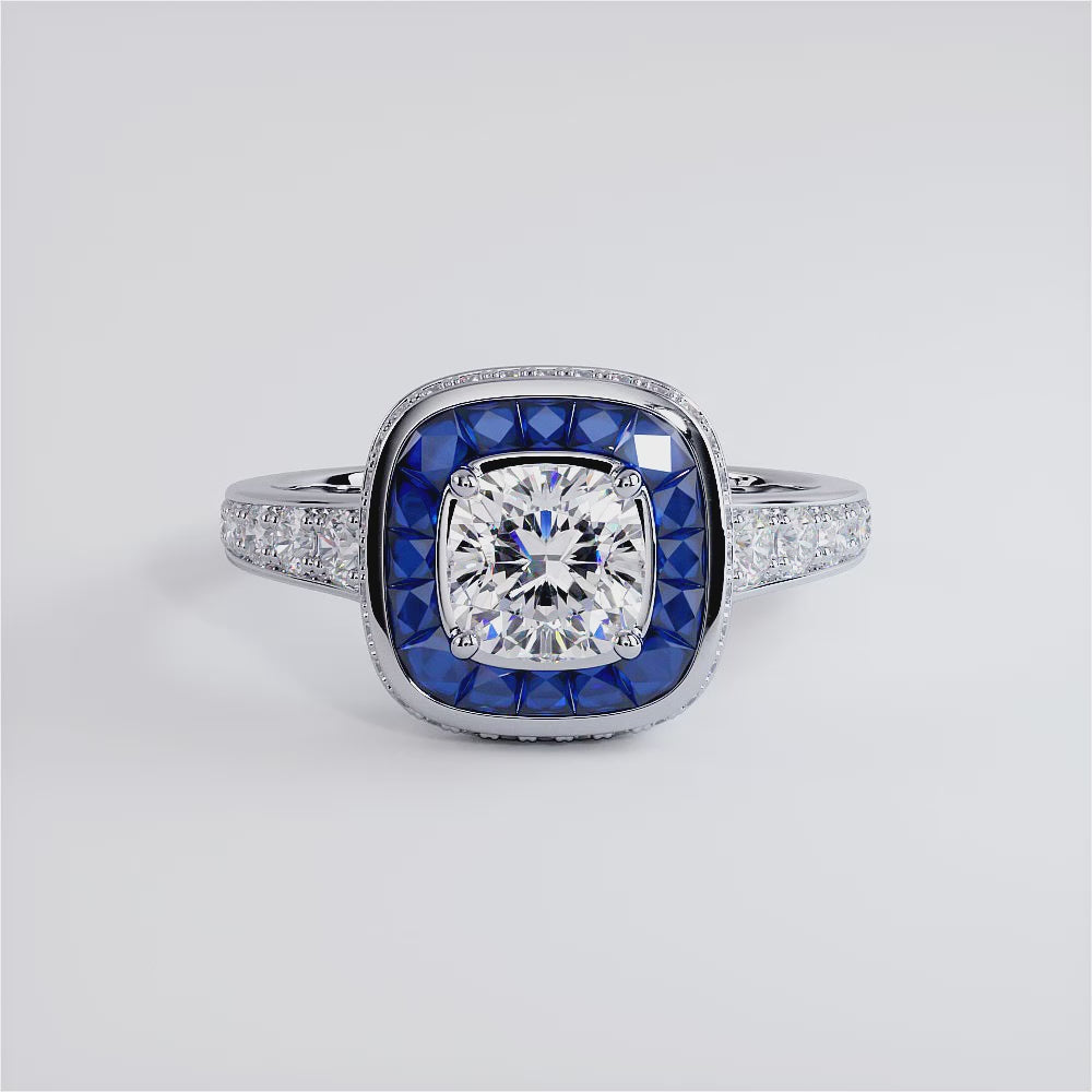 1 Carat Cushion Cut Art Deco Sapphire & Diamond