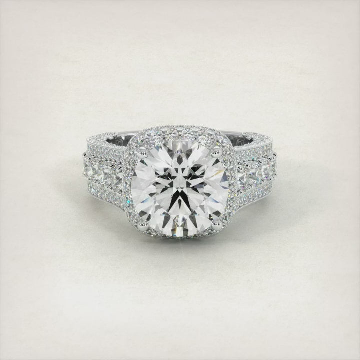 3.5 Carat Round Brilliant Vintage Style Micropavé Halo Graduated Shank