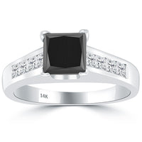 1.60 Carat Princess Cut Natural Black Diamond Engagement Ring 14k White Gold