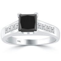 1.60 Carat Princess Cut Natural Black Diamond Engagement Ring 14k White Gold