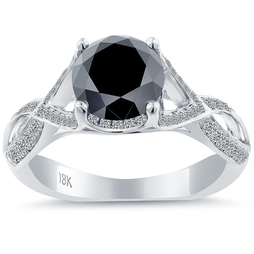 2.01 Carat Vintage Style Natural Black Diamond Engagement Ring 18k White Gold